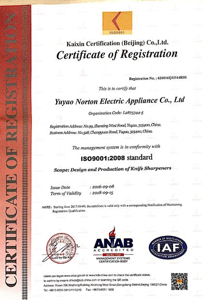 China Yuyao Norton Electric Appliance Co., Ltd. zertifizierungen